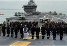 Defence Minister Rajnath Singh seen aboard India’s pride INS Vikrant