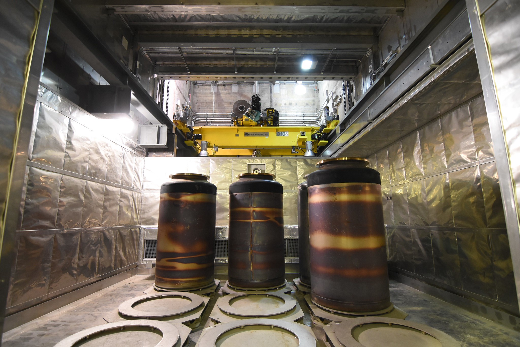 Stainless steel containers for waste in the low-activity waste facility at the Hanford site. (Photo courtesy of U.S. Department of Energy/Bechtel)