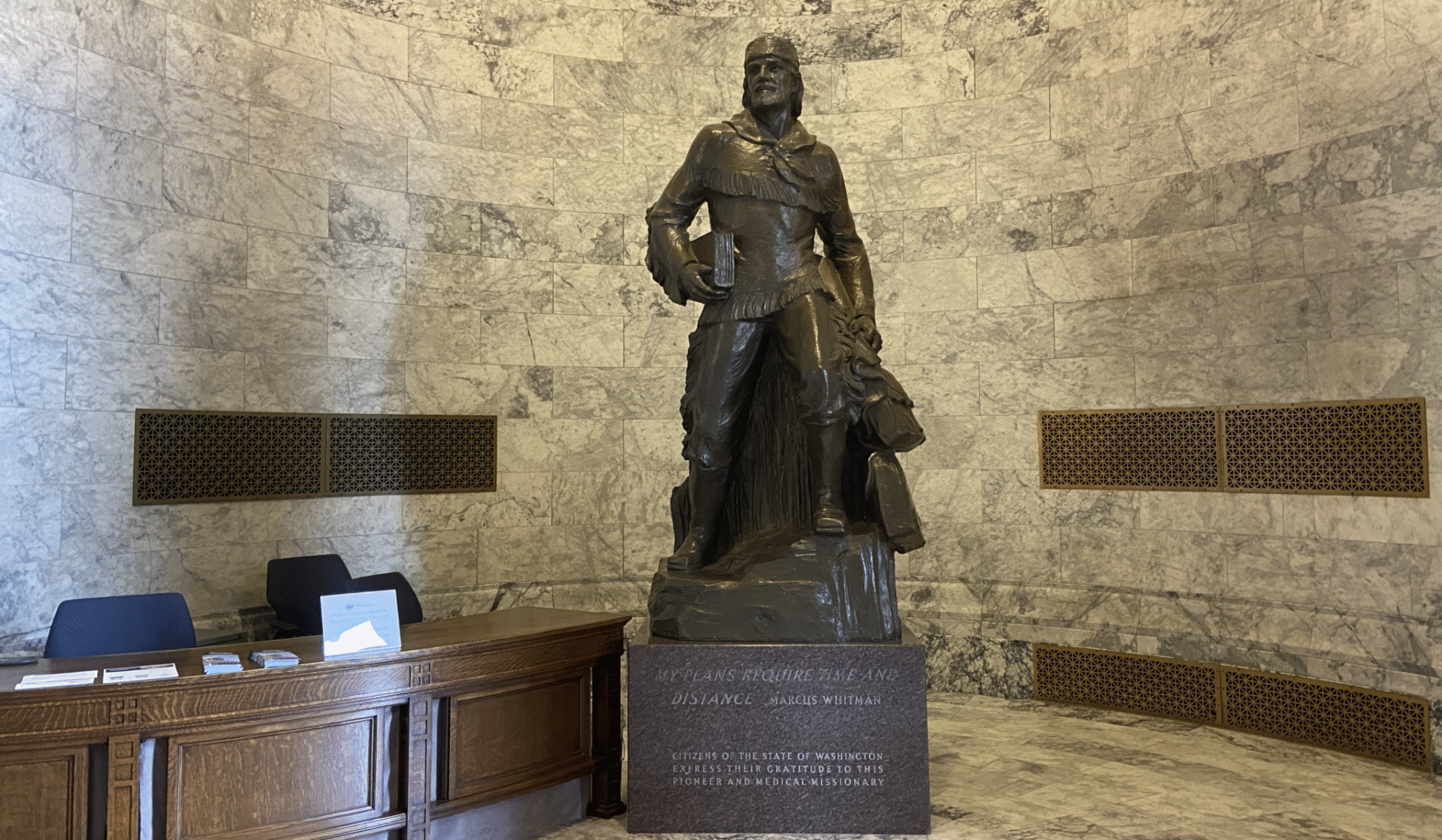 A bronze Marcus Whitman statue in the Washington state Capitol building weighs over 9,000 pounds with its stone base