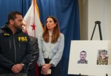 FBI Director Kash Patel, left, at a press conference on Nov. 27, 2025, looks at photos of the two West Virginia National Guard soldiers shot in Washington, D.C., the previous day. They were identified as Andrew Wolfe, 24, and Sarah Beckstrom, 20.