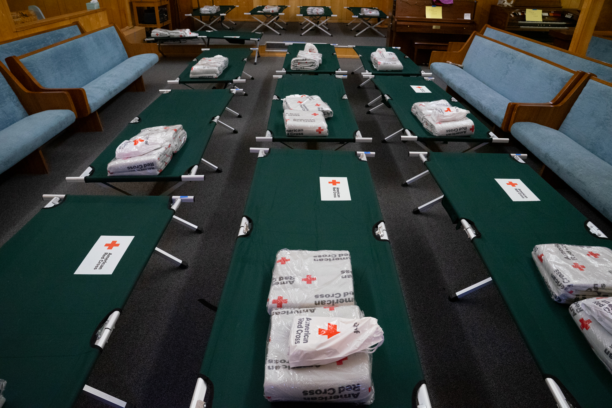 Empty beds at the Red Cross shelter inside the Mount Baker Presbyterian Church in Concrete, Wash., on Wednesday, Dec. 17, 2025. (Photo by Eli Voorhies for Washington State Standard)