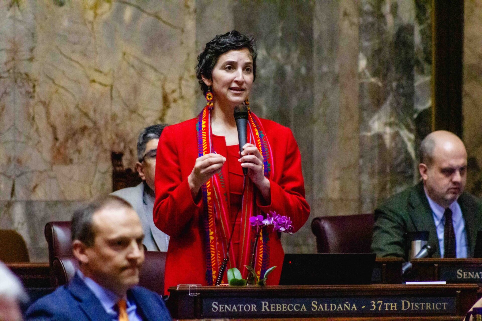 Sen. Rebecca Saldaña, D-Seattle, on the Senate floor on Wednesday, April 16, 2025.