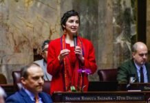 Sen. Rebecca Saldaña, D-Seattle, on the Senate floor on Wednesday, April 16, 2025.