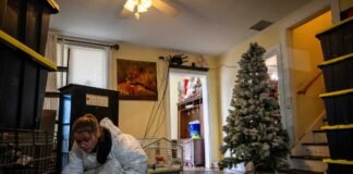April Grant salvages belongings from her home in Sumas, Wash., on Dec. 15, 2025, after it flooded last week.