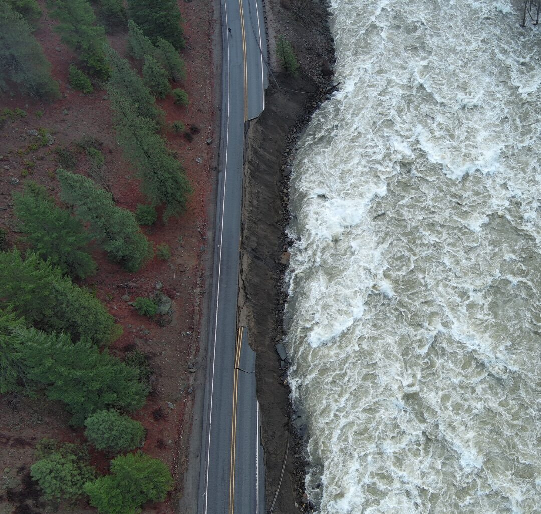 An overhead view of damage to U.S. 2 in Tumwater Canyon, in a photo shared by the Washington State Department of Transportation on Dec. 16, 2025. (Photo courtesy of WSDOT)