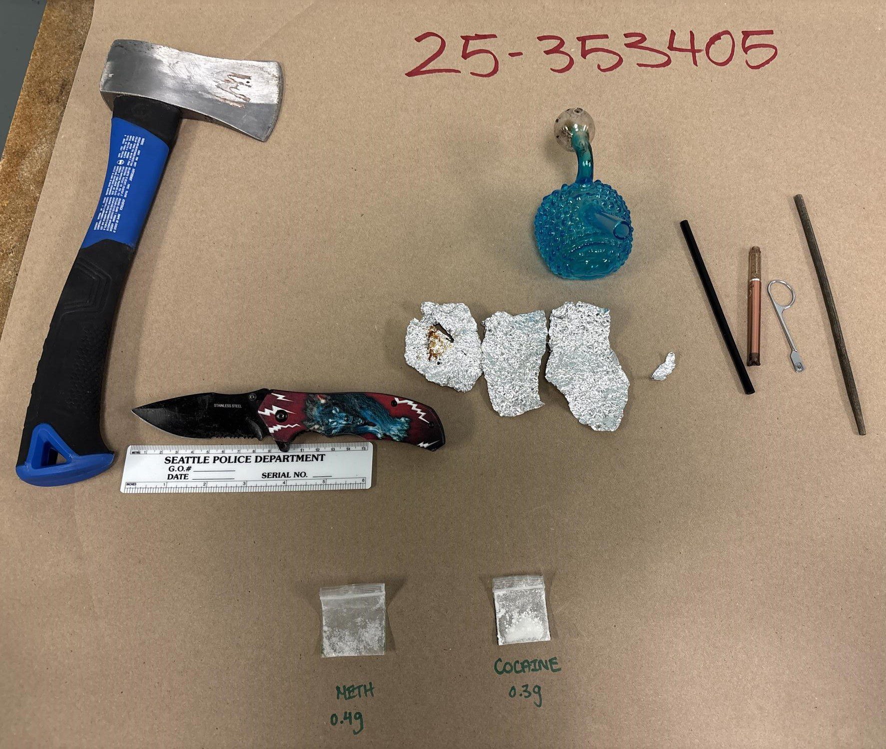 Seattle police recovered a hatchet, knife, Methamphetamine, and Cocaine during a search incident to arrest.