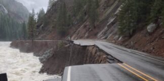 Road damage along U.S. 2 in Tumwater Canyon, in a photo shared by Washington State Department of Transportation on Dec. 16, 2025