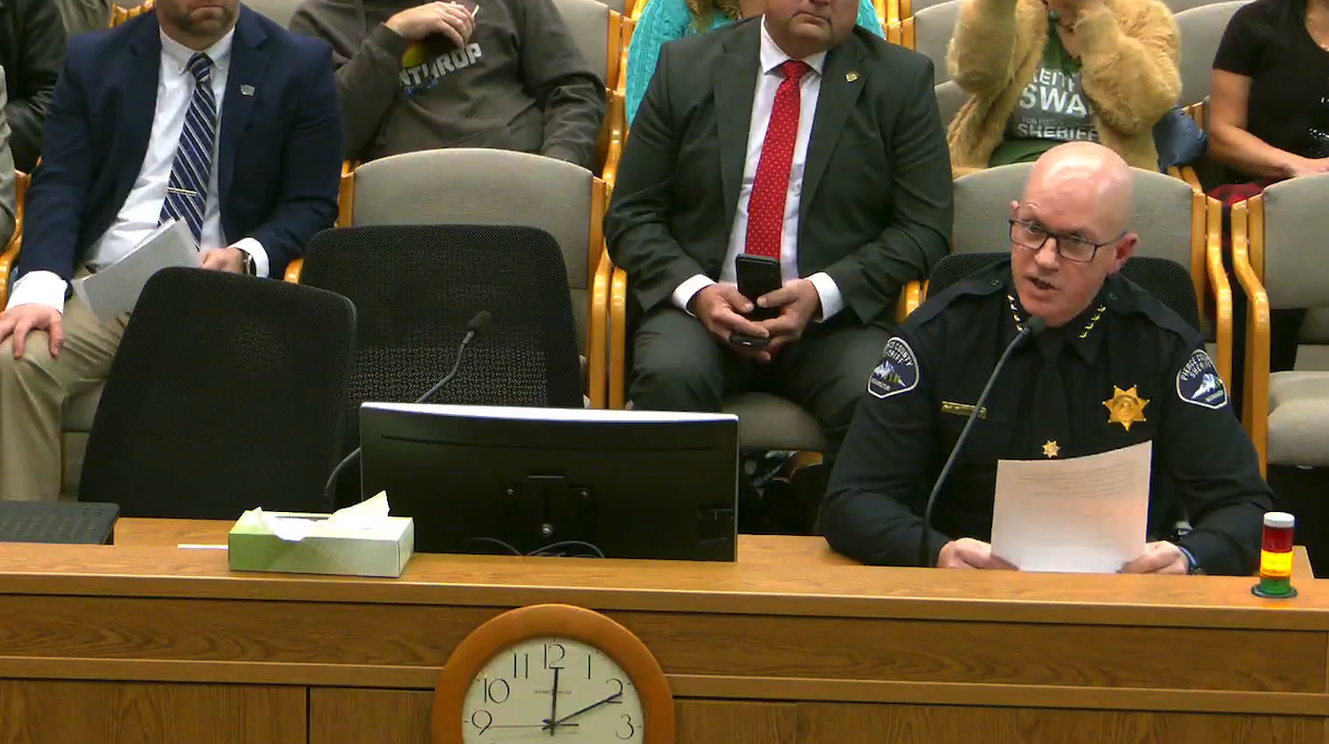 Pierce County Sheriff Keith Swank testifies before the Washington state Senate Law and Justice Committee in Olympia on Thursday, Jan. 15, 2026. (Screenshot courtesy of TVW)