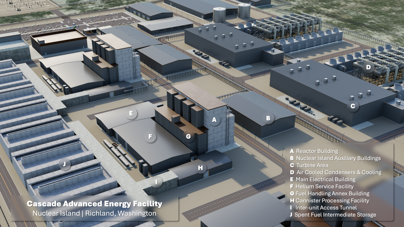 A rendering released last year of the Cascade Advanced Energy Facility, which could end up being the first small modular reactor facility in the Pacific Northwest. (Image courtesy of Energy Northwest)