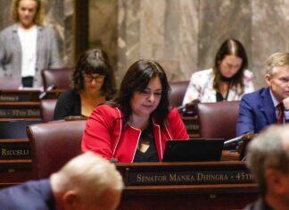 Sen. Manka Dhingra, D-Redmond, on the Senate floor on the first day of the 2026 legislative session