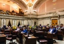WA Democrats drop push for business tax to cover Medicaid costs Lawmakers on the Senate floor on Wednesday, April 16, 2025
