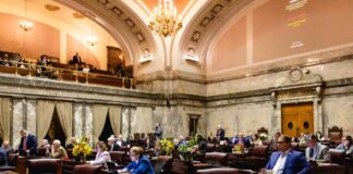 Lawmakers on the Senate floor on Wednesday, April 16, 2025