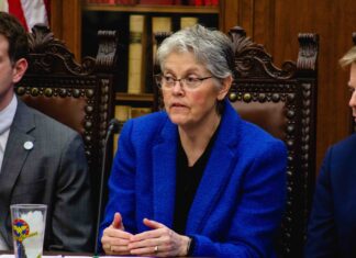 House Speaker Laurie Jinkins, D-Tacoma, in a media availability on April 27, 2025.