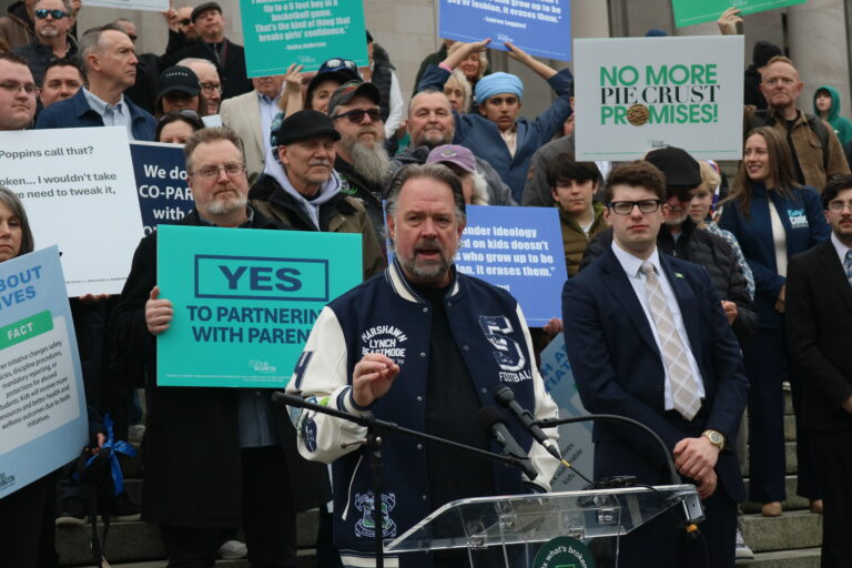 Let’s Go Washington founder Brian Heywood speaks to supporters of his group’s initiatives to bolster parental rights and block transgender athletes from girls’ sports, at the Washington state Capitol, Tuesday, Feb. 3, 2026. (Photo by Aspen Ford/Washington State Standard)