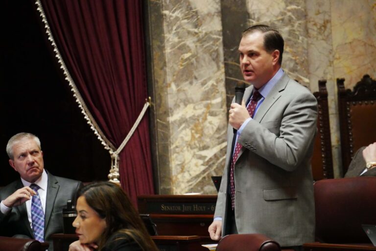 Senate Minority Leader John Braun, R-Centralia, said the income tax will have “very real economic consequences” for the state. Braun was speaking in the Washington state Senate floor debate on Feb. 16, 2026. (Photo by Bill Lucia/ Washington State Standard)