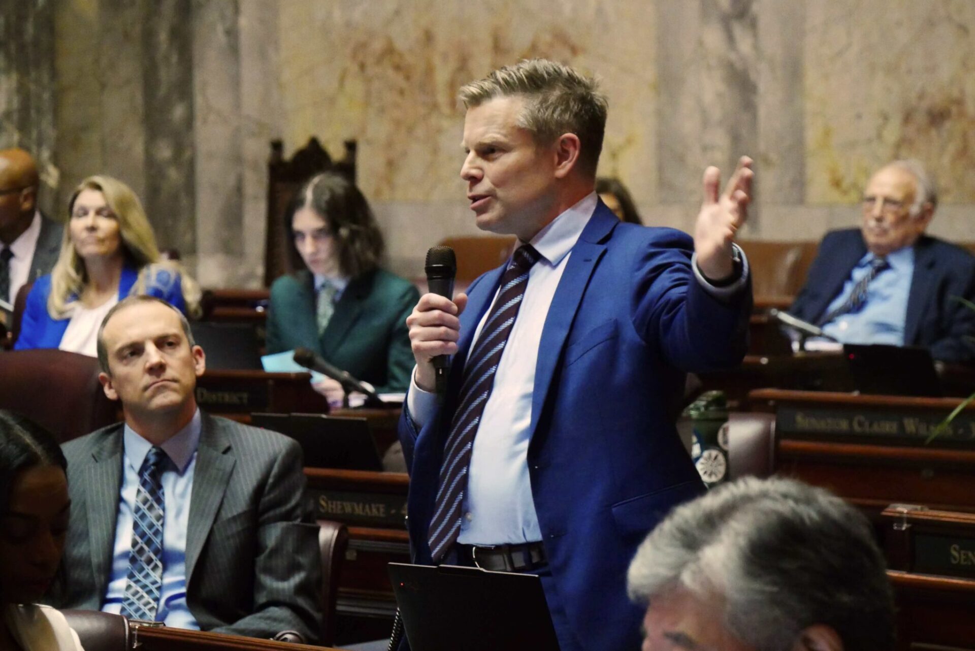 Senate Majority Leader Jamie Pedersen, D-Seattle, makes remarks on Feb. 16, 2026, during the floor debate over legislation he sponsored to tax personal income over $1 million a year.