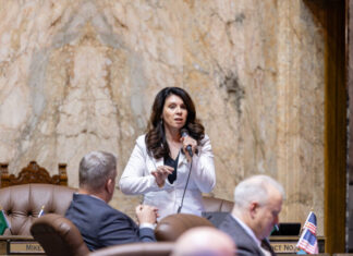 Rep. Michelle Valdez (formerly Caldier), R-Gig Harbor, speaks on the House floor during the 2025 legislative session.