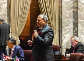 Sen. Leonard Christian, R-Spokane Valley, speaking on the Senate floor on April 27, 2025