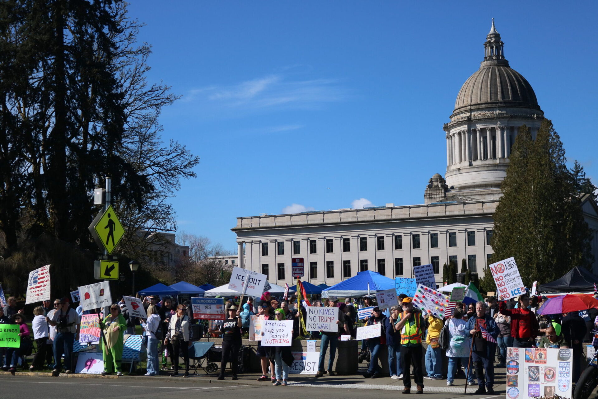 Protesters lined the street near the Washington state capitol campus waving political signs on March 28, 2026.