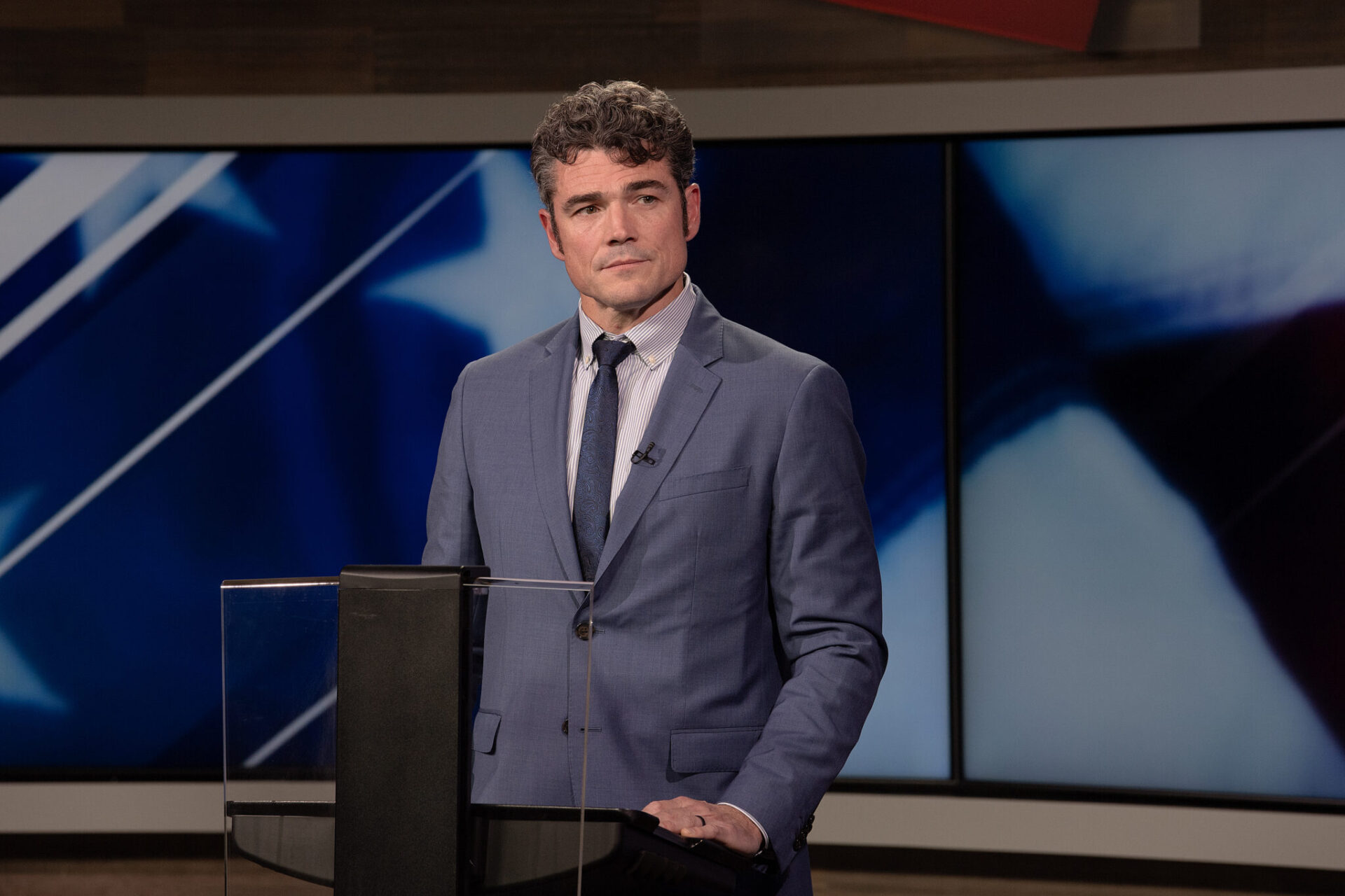 Congressional candidate Joe Kent debates the issues with U.S. Rep. Marie Gluesenkamp Perez at KATU studios in Portland on Monday night, Oct. 7, 2024