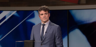 Congressional candidate Joe Kent debates the issues with U.S. Rep. Marie Gluesenkamp Perez at KATU studios in Portland on Monday night, Oct. 7, 2024