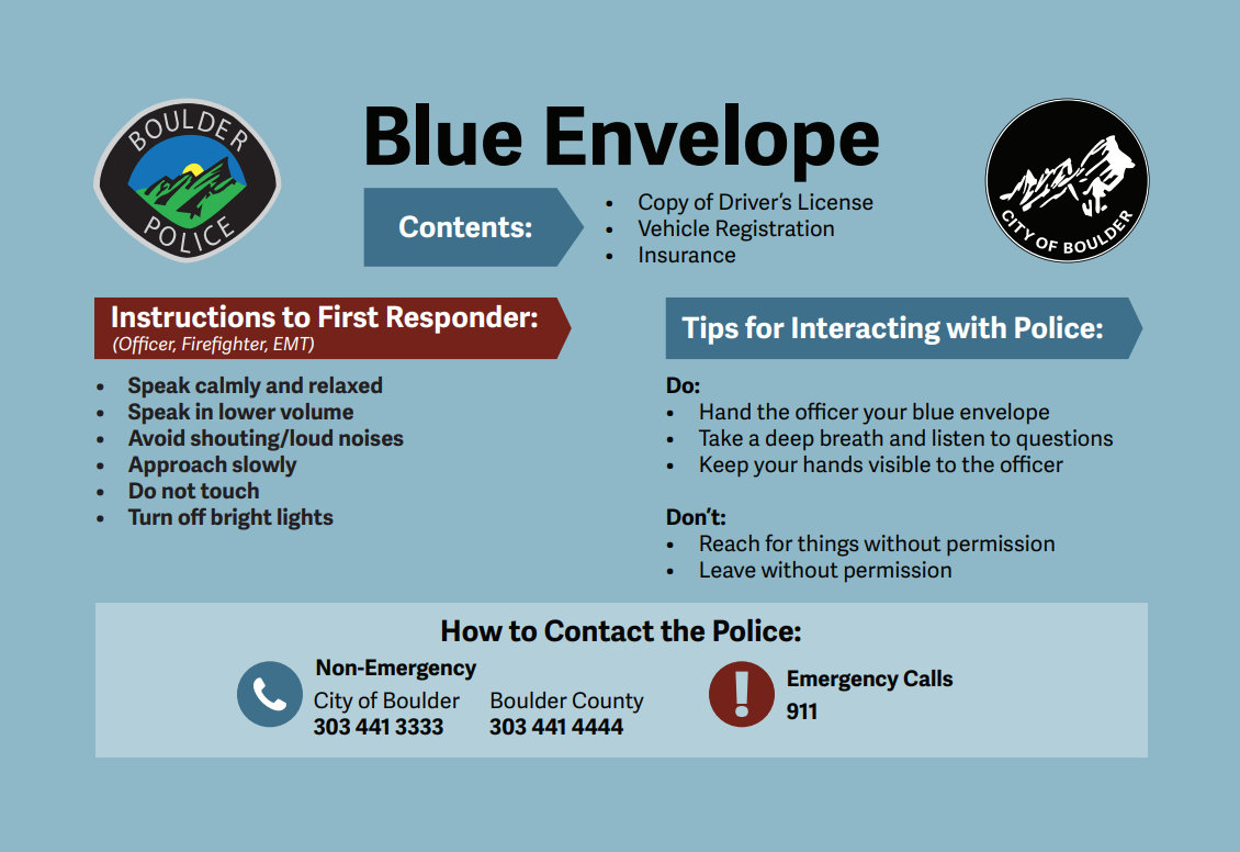 An example of a Blue Envelope from a program in Boulder, Colorado. (Graphic courtesy of the Boulder Police Department)