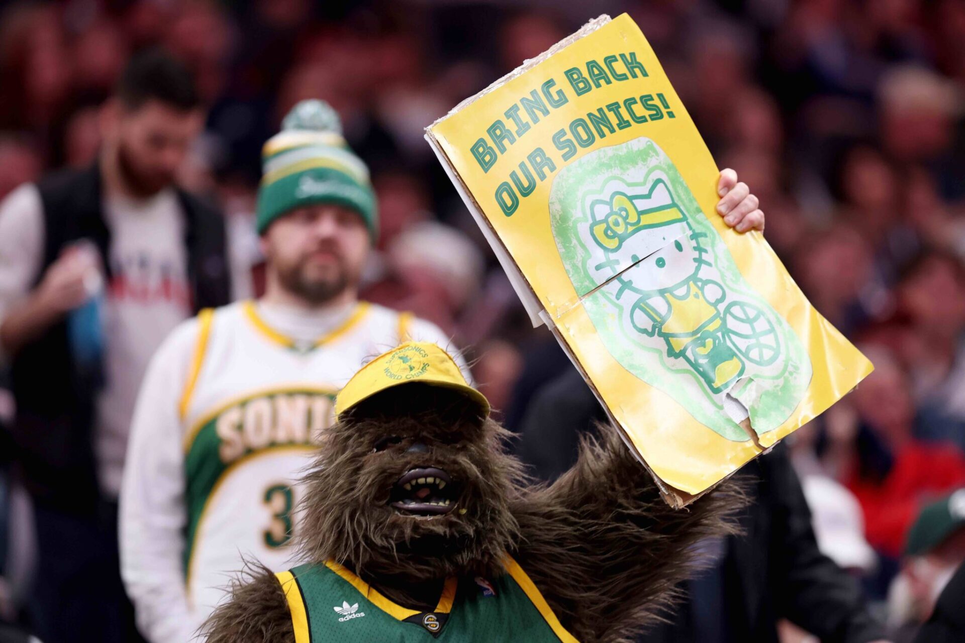 A Seattle Supersonics fan dressed as Bigfoot is seen during the game between the Gonzaga Bulldogs and the Kentucky Wildcats at Climate Pledge Arena on Dec. 7, 2024 in Seattle, Washington.