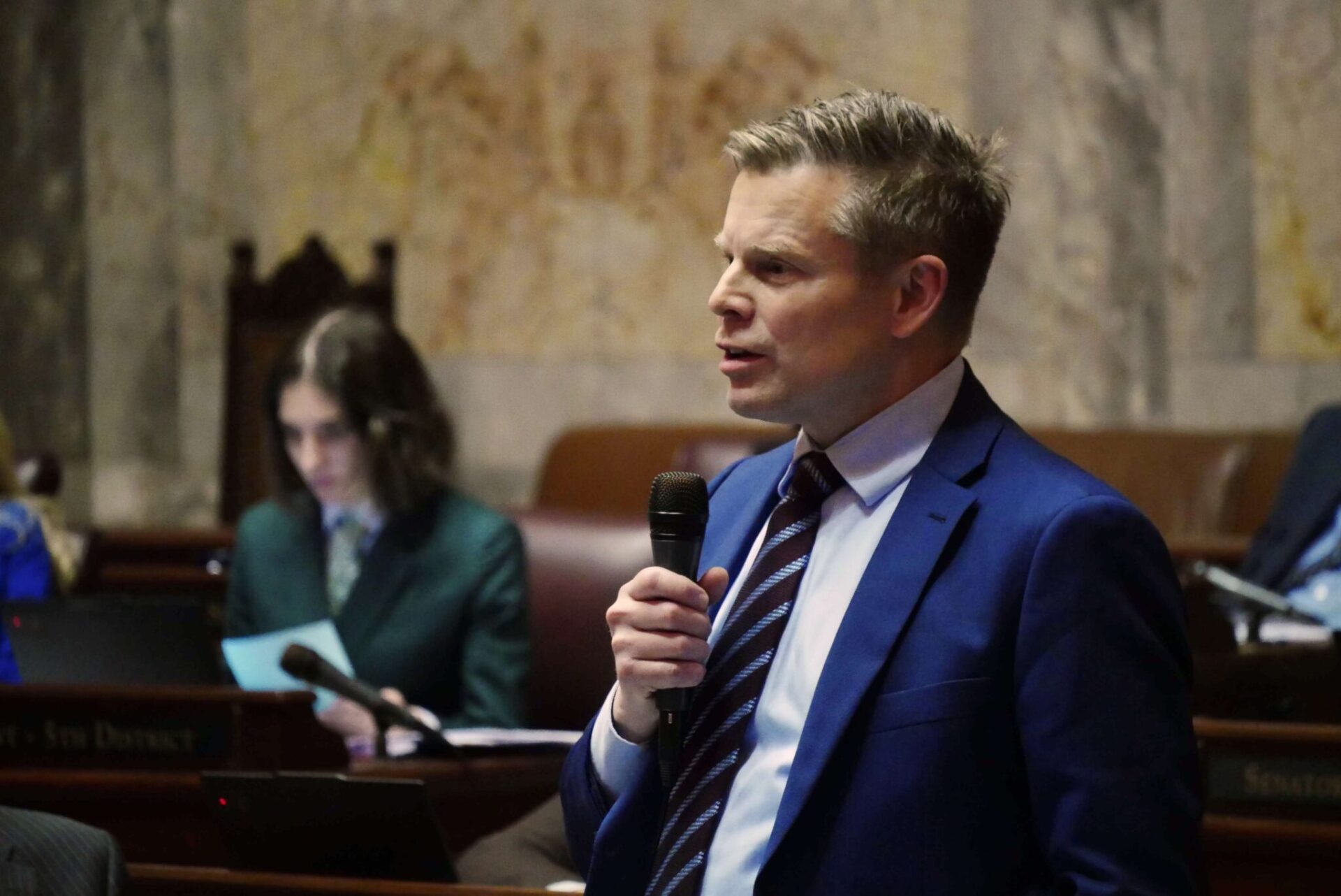 Senate Majority Leader Jamie Pedersen, D-Seattle, seen here on the Senate floor on Feb. 16, 2026, is prime sponsor of legislation creating an income tax that would be imposed on millionaires. The bill cleared the state Legislature on Tuesday and will soon reach Democratic Gov. Bob Ferguson for his expected signing.