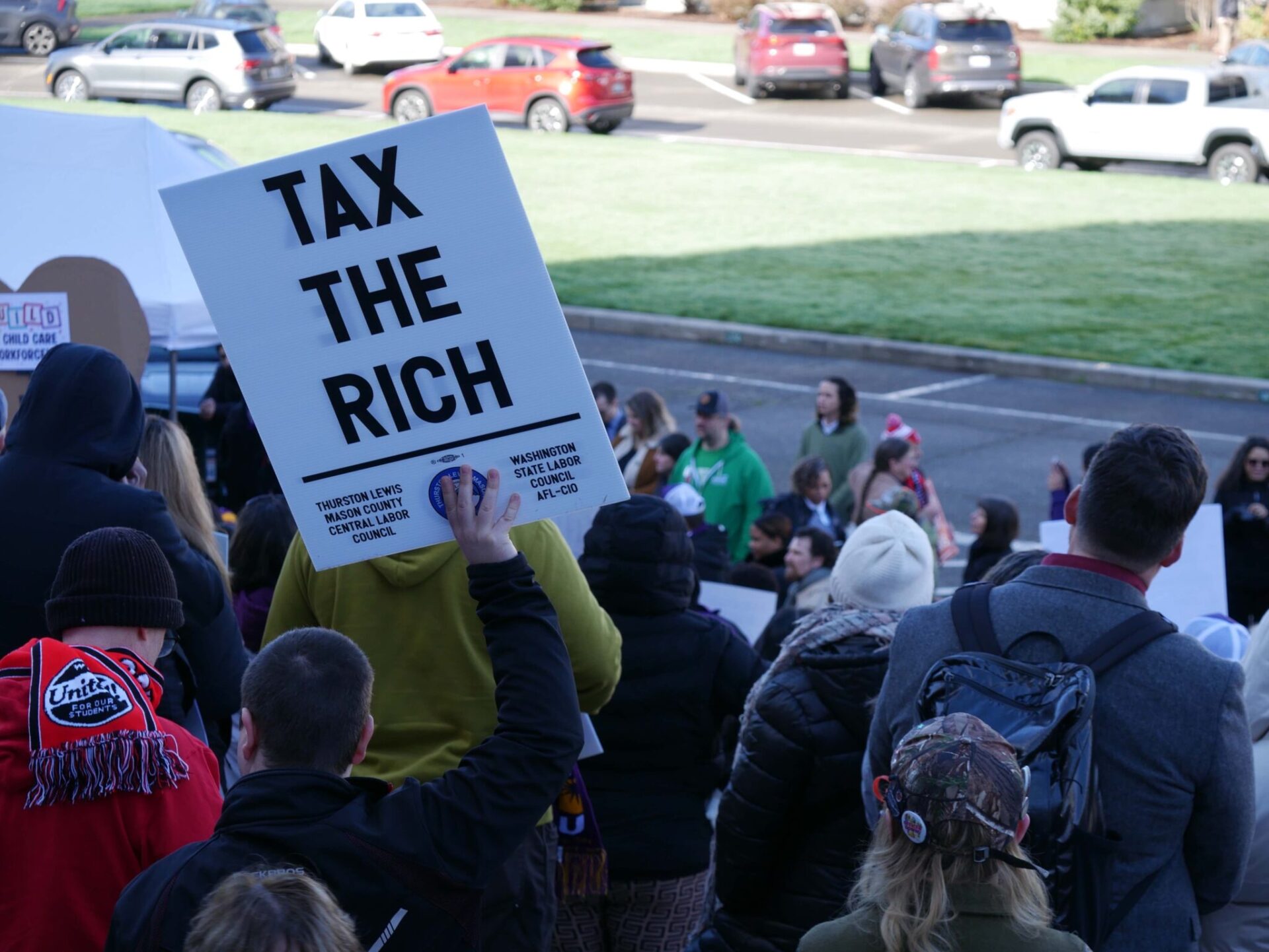 Unions and other supporters of the income tax on millionaire earners rally at the Capitol on Feb. 10, 2026