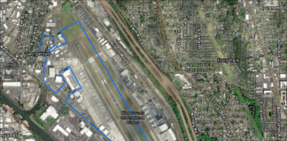 Aerial photomap of King County International Airport-Boeing Field with Taxiway B Project Study Area outlined in blue