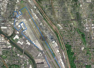 Aerial photomap of King County International Airport-Boeing Field with Taxiway B Project Study Area outlined in blue