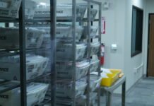 Baskets of ballots for the November 2025 election at Thurston County’s ballot processing center.
