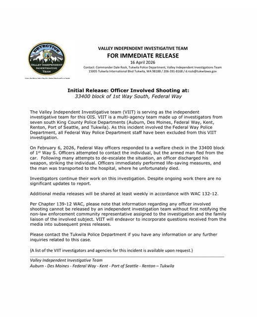 Officer-Involved Shooting in Federal Way Under Investigation by VIIT