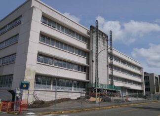 A view of the south side of the General Administration Building on April 17, 2026. The state office building was completed in 1956 and is being torn down during 2026