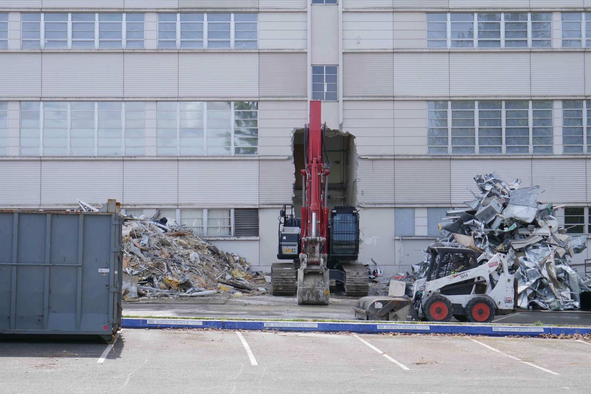 A view of the north side of the General Administration Building, on April 17, 2026, as demolition gets underway. (Photo by Bill Lucia/Washington State Standard)