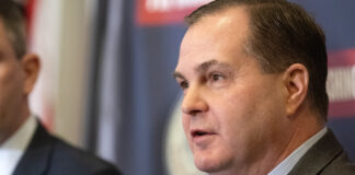 Washington state Senate minority leader, John Braun, speaks at a press conference during the 2025 legislative session.