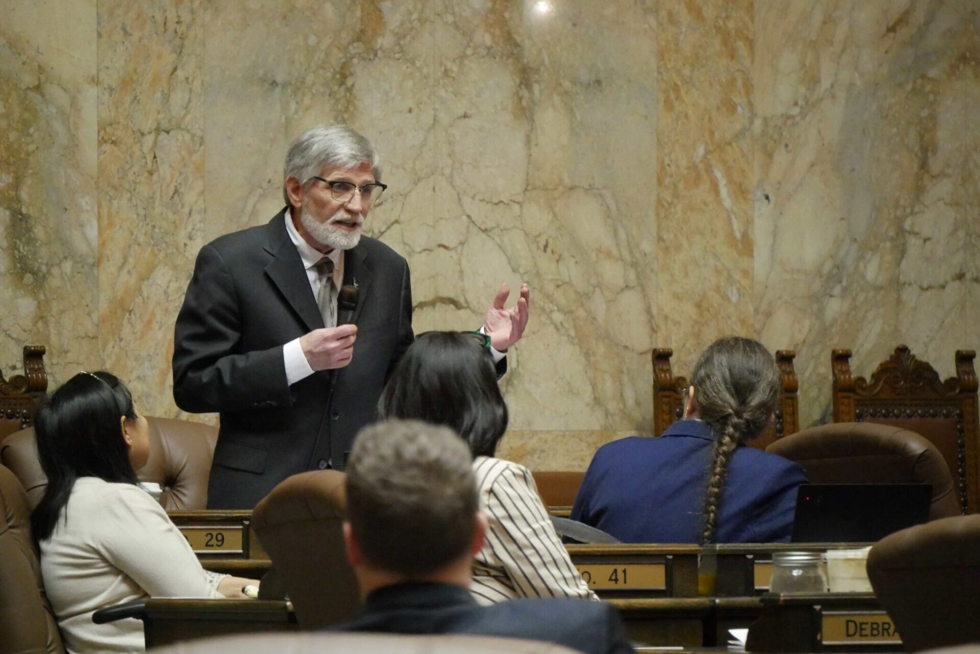 Rep. Timm Ormsby, D-Spokane, the lead budget writer in the House, makes remarks ahead of the operating budget passing in the chamber on March 12, 2026, the final day of the legislative session