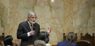 Rep. Timm Ormsby, D-Spokane, the lead budget writer in the House, makes remarks ahead of the operating budget passing in the chamber on March 12, 2026, the final day of the legislative session