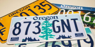 Oregon license plates are pictured. Transportation officials in the state are reviewing a decision to refuse undercover license plates to federal agencies that has provoked a legal challenge from the Trump administration