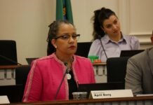 House Finance Chair April Berg, D-Mill Creek, during a Jan. 22, 2026 committee hearing on House Bill 2100 to levy a payroll tax on larger companies with highly paid employees.