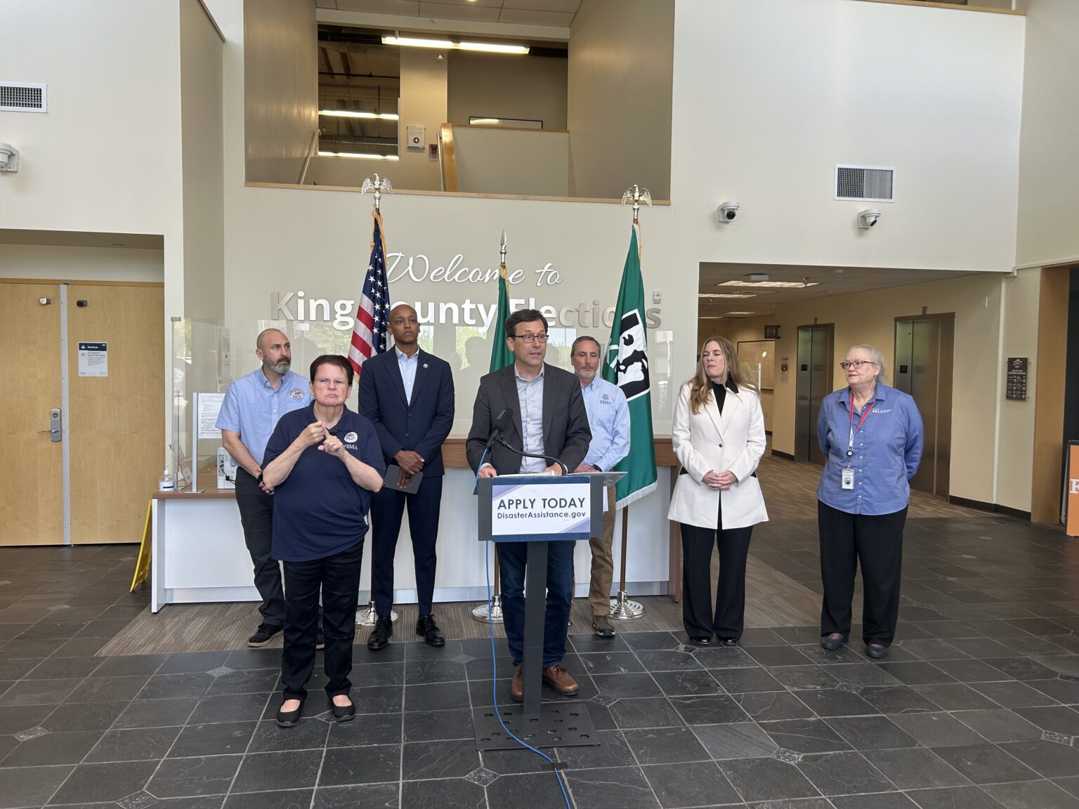 Washington Gov. Bob Ferguson speaks at a press conference at a disaster assistance center to push residents to apply for federal assistance to recover from flooding in December 2025 on Wednesday, May 20, 2026, in Renton. (Photo by Jake Goldstein-Street/Washington State Standard)