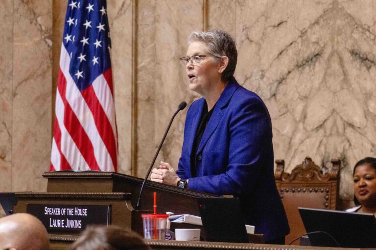 Speaker of the House Laurie Jinkins, D-Tacoma, gives her opening remarks for the 2026 legislative session which began on Jan. 12. (Photo by Jacquelyn Jimenez Romero/Washington State Standard)