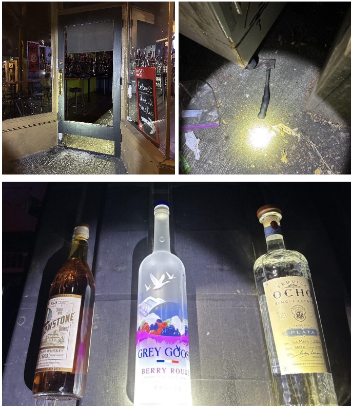 Seattle police recover a hatchet (top right), and liquor bottles during the arrest of a burglary suspect. Cops photographed the damaged glass door of the business (top left).