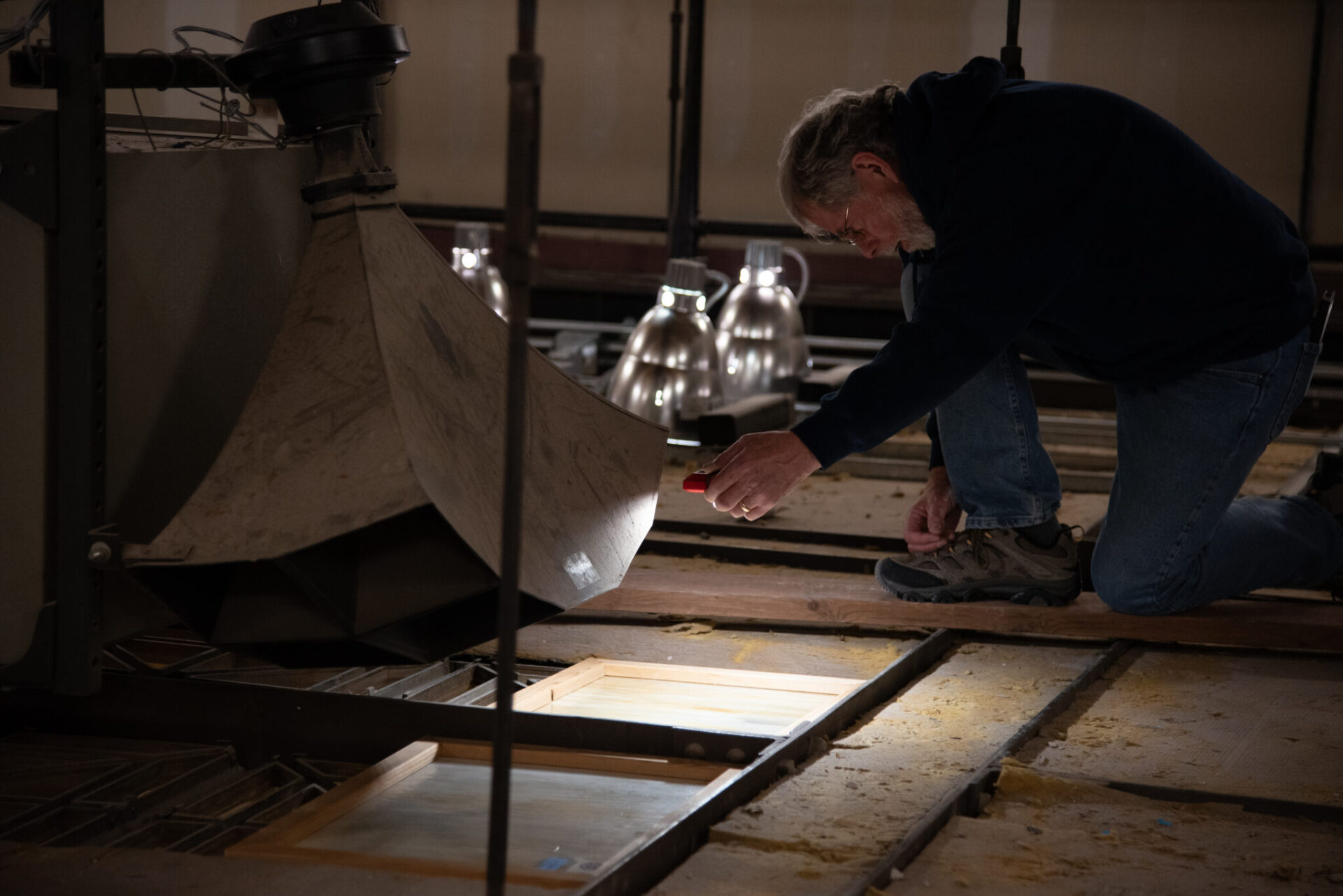Earlier this year, state staff and contractors viewed potential materials, like glass panels, for the restoration of skylights above the Washington state Capitol legislative chambers in Olympia.