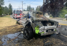 A wrecked vehicle in Thurston County after it collided with a power pole, splitting the car in half on June 23, 2025. The driver was treated for minor injuries and was booked for DUI. The vehicle’s speedometer was stuck at 100 mph, according to the Thurston County Sheriff’s Office