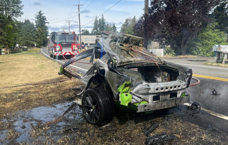 A wrecked vehicle in Thurston County after it collided with a power pole, splitting the car in half on June 23, 2025. The driver was treated for minor injuries and was booked for DUI. The vehicle’s speedometer was stuck at 100 mph, according to the Thurston County Sheriff’s Office
