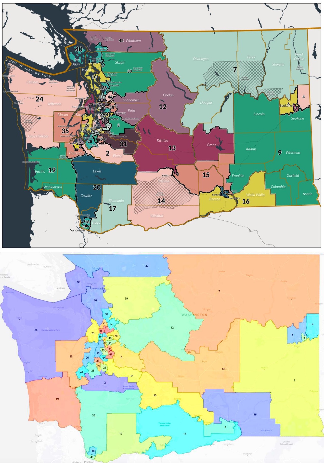 The legislative district map created in 2021, top, and the redrawn map approved by Lasnik in 2024, bottom.
