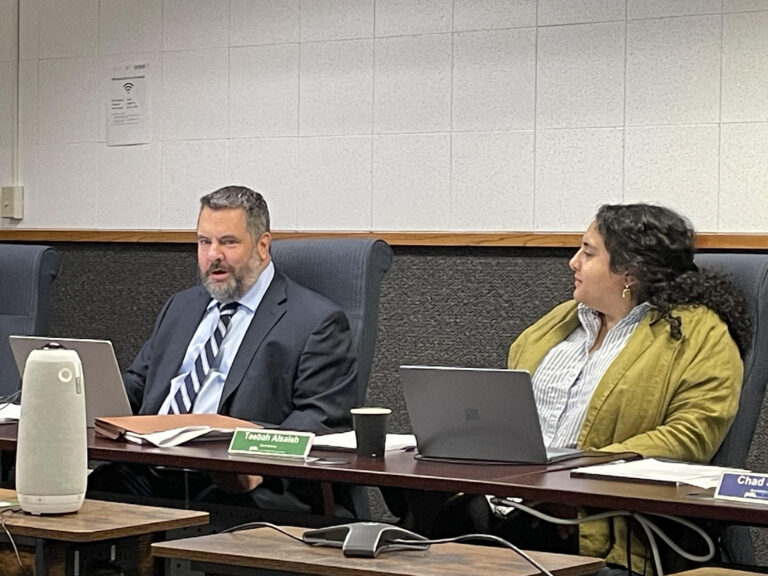 Matt Segal, left, and Teebah Alsaleh are seen during their first Washington state Public Disclosure Commission meeting on May 28, 2026. With their arrival, the panel was at full strength for the first time in more than a year. (Photo by Jerry Cornfield / Washington State Standard)