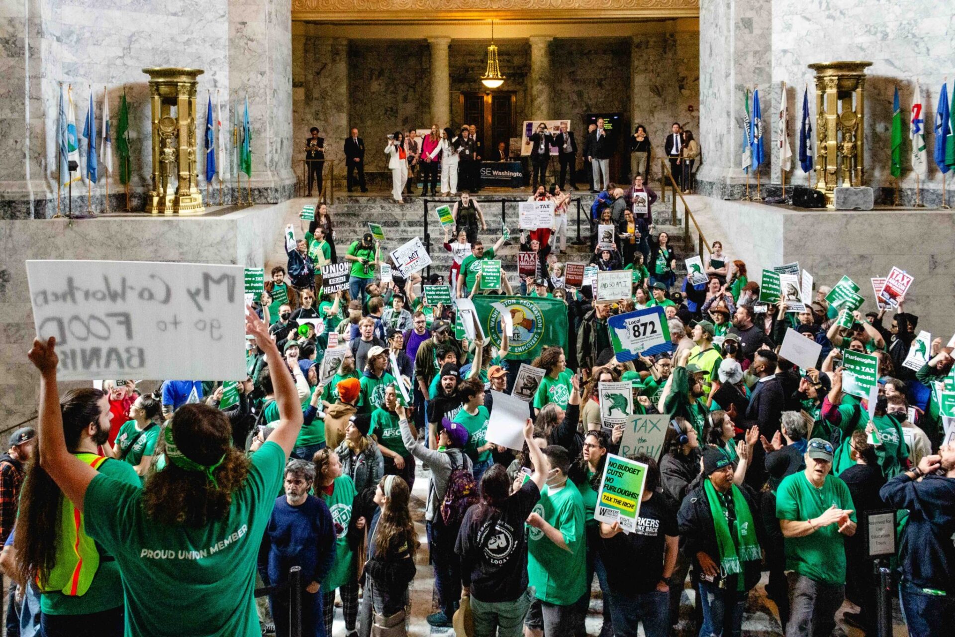 Hundreds of state workers entered the state Capitol in Olympia to protest potential furloughs amid a massive budget shortfall on Wednesday, April 9, 2025