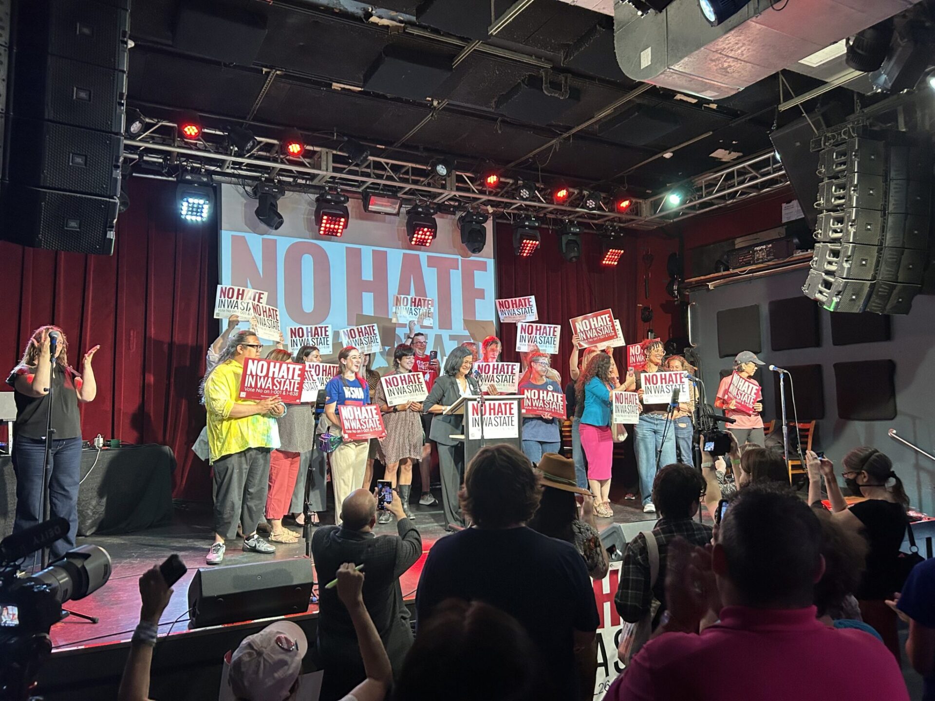 U.S. Rep. Pramila Jayapal speaks at the campaign kickoff event against two conservative-backed ballot initiatives on Wednesday, June 17, 2026, in Seattle, Washington.